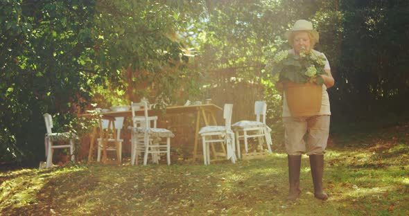 Senior woman examining pot plant in garden