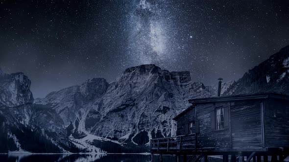 Timelapse of stars over Lago di Braies, Dolomites in Italy