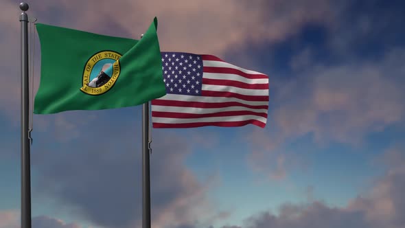 Washington State Flag Waving Along With The National Flag Of The USA - 2K