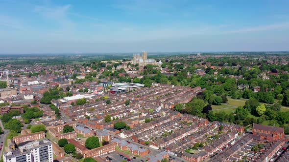 Aerial footage of the Lincoln Cathedral, Lincoln Minster in the UK
