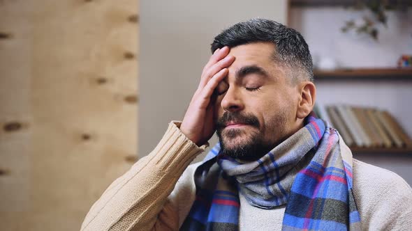 Middle-Aged Man Having Terrible Headache and Fever, Feeling Sick or Hungover