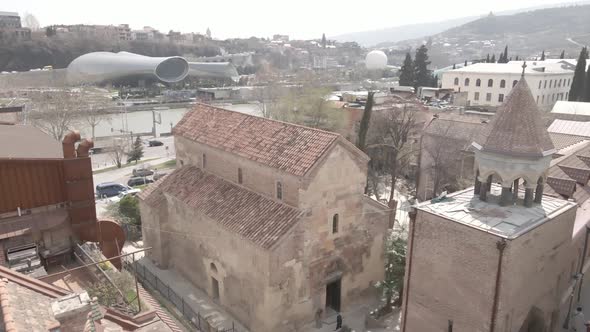 Aerial view of ancient basilic cathedral of Anchiskhati in old Tbilisi