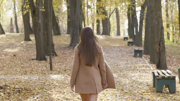 Rear View of Beautiful Longhaired Girl in Coat Walking in Autumn Park