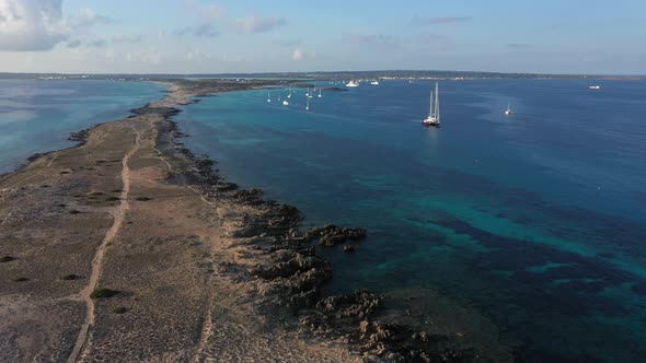 Aerial View Over the Clear Beach and Turquoise Water of Formentera Ibiza