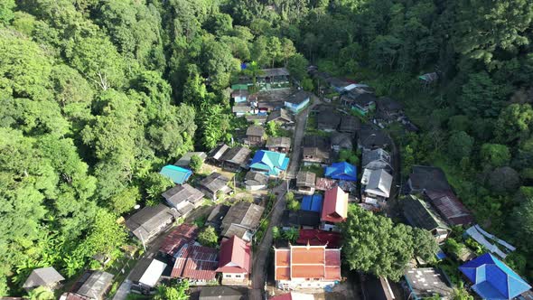 Aerial view of Paa Meang village,  Houses in valley, Lampang, Thailand by drone