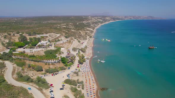 Aerial view down length of Paradise Beach, Kos, Greece