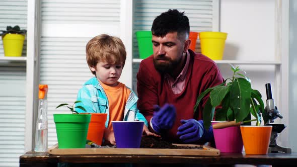 Daddy Teaching Little Boy To Do Gardening