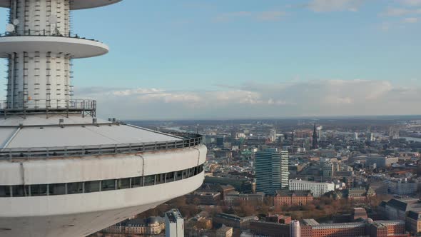 Reveal of Hamburg City Skyline Behind Heinrich Hertz TV Tower Rising Above Hamburg Urban Cityscape