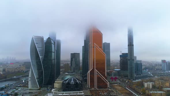 The Moscow City architectural complex on a foggy day. A group of skyscrapers
