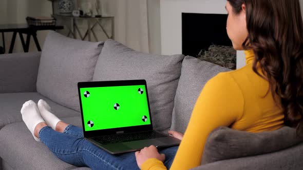 Green Screen Laptop Woman Greets Talking Listens Online Video Call Webcam Chat