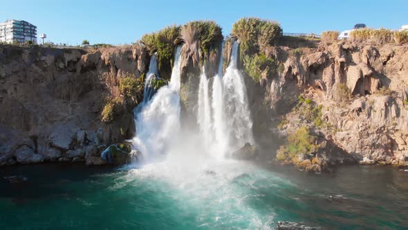 Top View of a High Waterfall Falling Into the Mediterranean Sea, Clean Ecology 