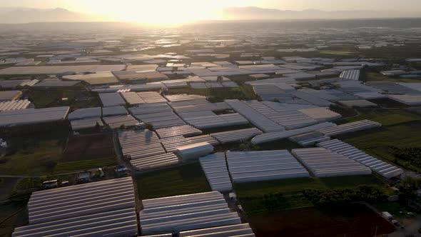 Aerial View of Fields with Greenhouses at Sunset