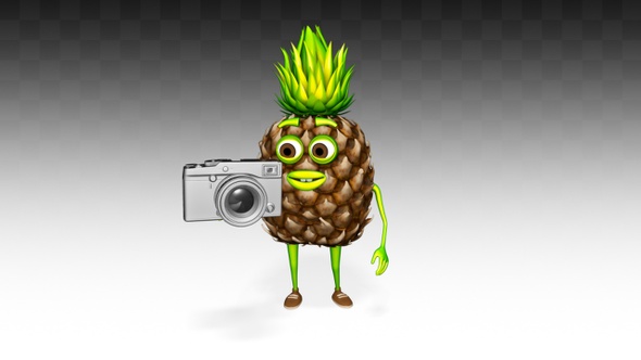 Pineapple Character Shows Photo Camera