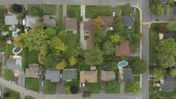 Straight overhead drone shot of typical American city residential neighborhood