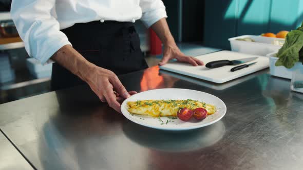 Professional restaurant kitchen, close-up: The chef serves an omelette