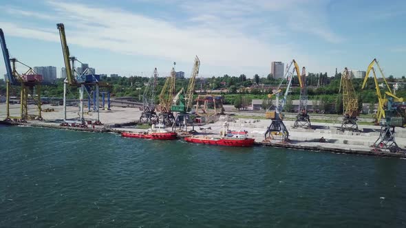 Ships Staying In Dock. Cranes Near Cargo Boat.