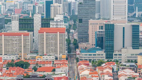 Aerial View of Chinatown and Downotwn of Singapore in the Evening Timelapse