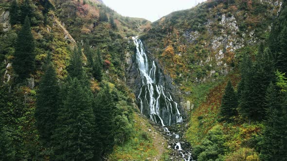 Aerial drone view of nature in Romania. Balea waterfall located in Carpathian mountains