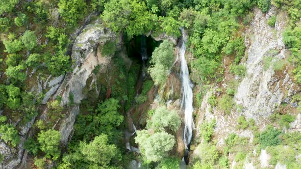 Aerial Top Down View of Beautiful Mountain Waterfall