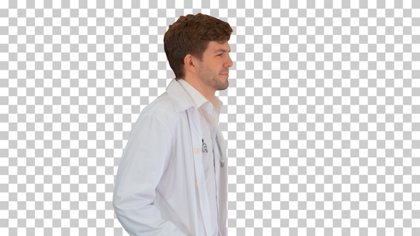 Male doctor in white coat walking with, Alpha Channel
