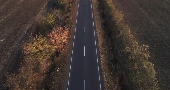 Rural Landscape Drone Flies Over Beautiful Countryside Nature Scene with Roadway Sunny Morning