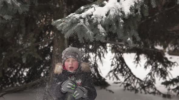 Happy child fooling around in the winter forest. The joy of the winter season in the family circle.