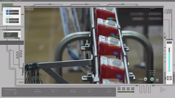 Futuristic ai supervisor system is analyzing the food products on the line alt