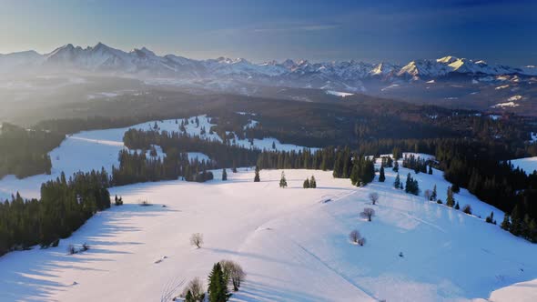 Sunrise in Tatra mountains at winter, aerial view