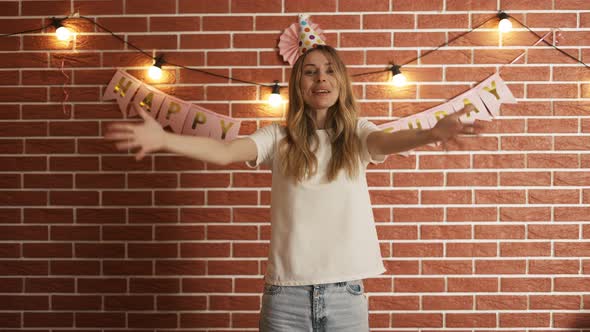 Excited Girl Shout Happy Birthday on Camera in Decorated Room