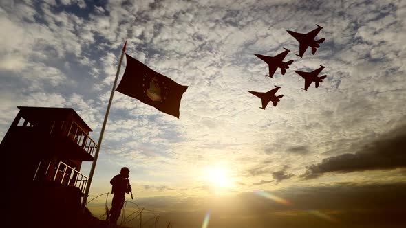 Waving United States Airforce Military Flag and Grouped Warplanes