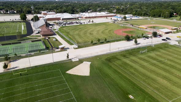 American Sports Concept - Baseball, Soccer, and Football Grass fields. Aerial Drone Overhead View