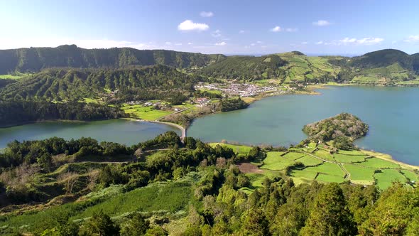 Aerial Shot of Lagoa Das Sete Cidades - Lakes and Town on Sao Miguel Island, Portuguese Archipelago