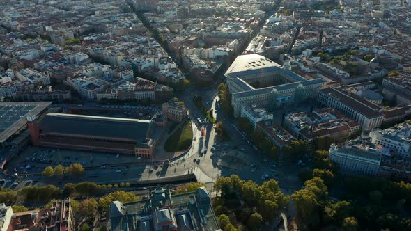 Amazing Aerial View of Heavy Traffic on Roads and Various Buildings Around Atocha Train Station in