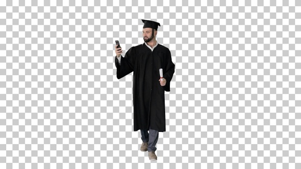 Man wearing the graduation robe walking, Alpha Channel