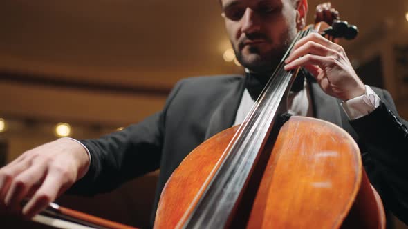 Violoncellist is Playing Classic Music on Cello in Modern Music Hall Concert or Rehearsal