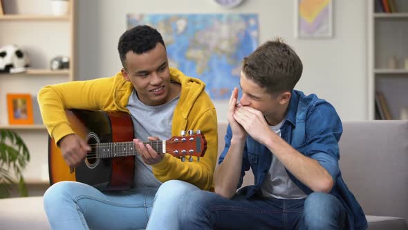 Multiracial Teenage Friends Playing Guitar and Mouthorgan Hobby Musician Career