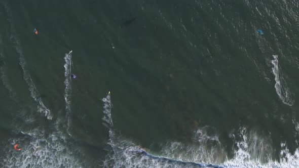 Aerial Drone Shot of a Beach Kiteboarders and Windsurfers (Waddell Beach, Pacific Coast Highway, CA)