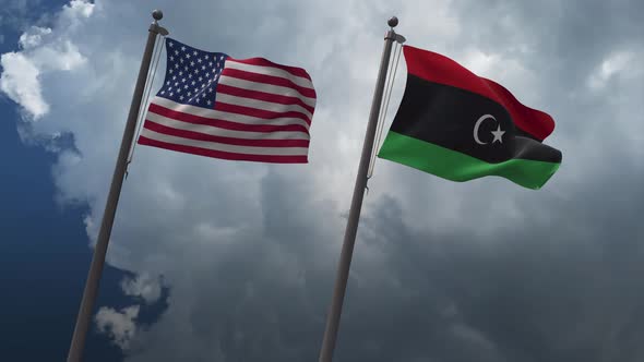 Waving Flags Of The United States And The Libya 4K