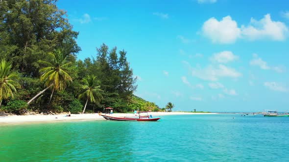 Aerial drone seascape of tranquil bay beach adventure by blue water and white sand background of a d