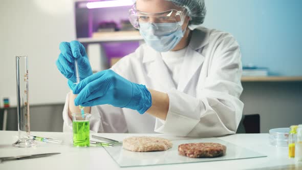 Medical Scientist Inspecting Minced Meat Wearing Protective Unform Working in Laboratory