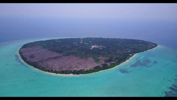 Aerial flying over tourism of tropical lagoon beach wildlife by transparent lagoon and white sand ba
