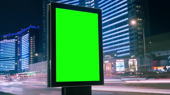 Green Screen Billboard on a Busy Highway with Traffic, Neon Lights, Timelapse, Moscow, Russia