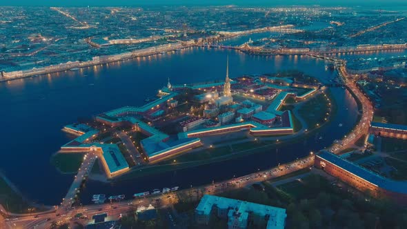 Drone Flies Off the Peter and Paul Cathedral and Fortress at Evening the Sights of St