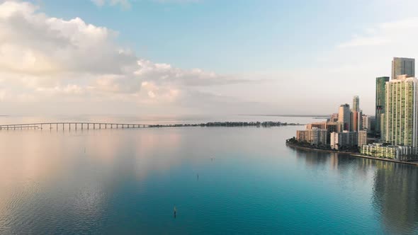 Amazing Drone Aerial View of Downtown Miami and Brickell Key at Dawn Florida