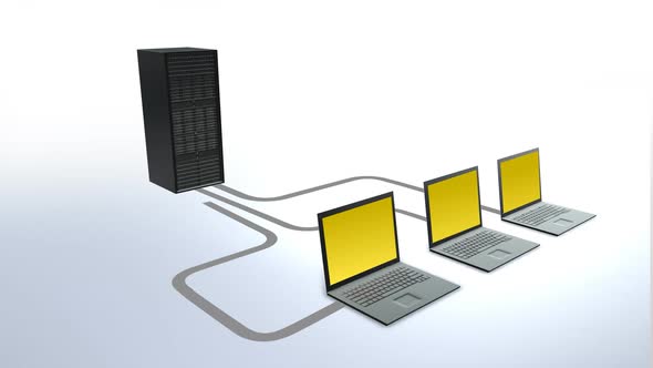 Three notebooks transferring data to the server. Network uploading files.