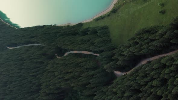 Vertical Shot Of Dense Foliage And Mountain Road Surrounding Frumoasa Dam In Harghita, Romania In Su