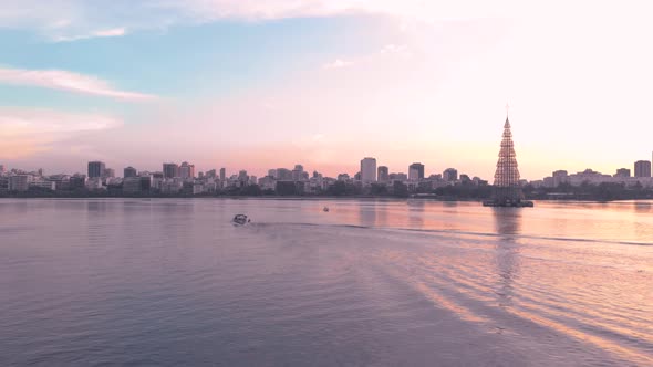 Panning left to right showing the worlds tallest floating Christmas tree of 2018 in Rio de Janeiro w