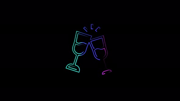 Wine glasses icon abstract seamless animation of 4K neon lines. Beautiful animation of multicolored