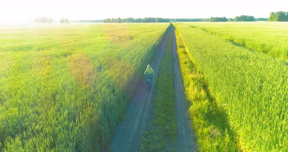 Aerial View on Young Boy That Rides a Bicycle Thru a Wheat Grass Field on the Old Rural Road