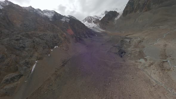 Aerial View Raising Up Cracked Texture Geology Formation Mountain Snowy Peak River Valley Landscape